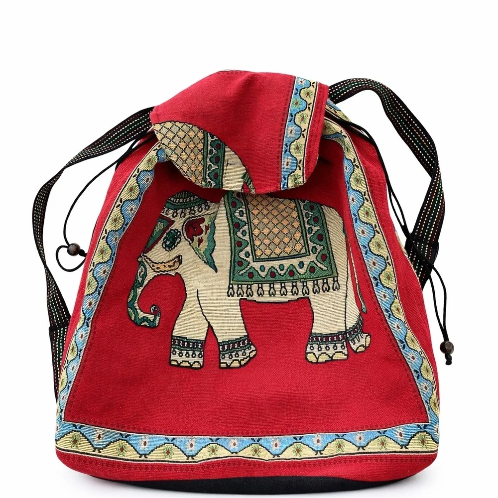 Tibetan Elephant Drawstring Backpack Large Red Multicolor Boho Festival Bag